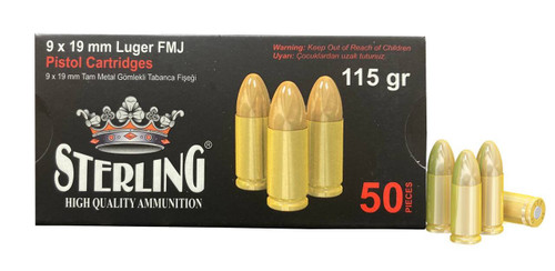 STERLING 9X19MM LUGER FMJ PISTOL AMMUNITION 115GR BRASS CASING BOX50 UPC: 8698779955748