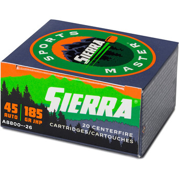 Sierra Sports Master 45 Auto 185 GR JHP BOX20 UPC: 092763600122
