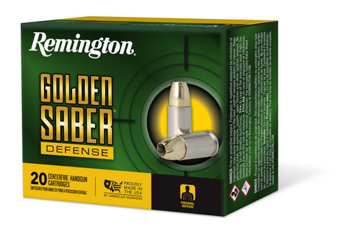 Remington Ammunition 27609 Golden Saber Defense 45 ACP 185 gr Brass Jacket Hollow Point BJHP 20 Per Box 25 UPC: 047700489209