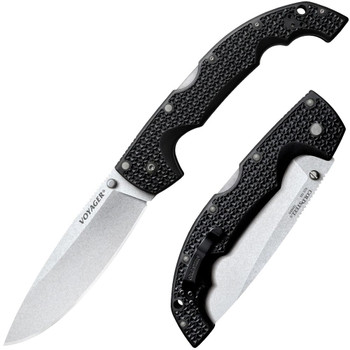 Cold Steel CS29AXB Voyager XL 5.50 Folding Drop Point Plain Stonewashed AUS10A SS Blade6.75 Black Textured GrivEx Handle Includes Belt Clip UPC: 705442019688