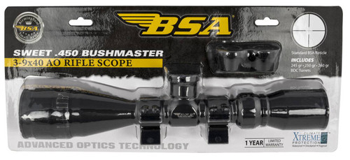 BSA 45039X40AOWRTB Sweet 450 Bushmaster Matte Black 39x40mm AO 1 Tube 3030 Reticle Features Weaver Rings UPC: 793676096100