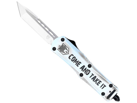 CobraTec Knives SCATIFS3TNS FS-3 Come And Take It Small 3" OTF Tanto Plain Satin D2 Steel Blade, 4.50" White "Come And Take It" Aluminum Cerakoted Handle