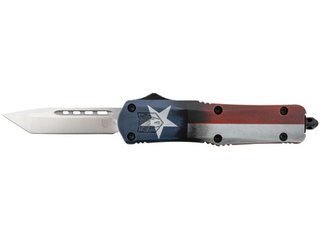 CobraTec Knives MCTXFS3TNS FS-3 Texas Flag Medium 3" OTF Tanto Plain Satin D2 Steel Blade, 5" Texas Flag Aluminum Cerakoted Handle