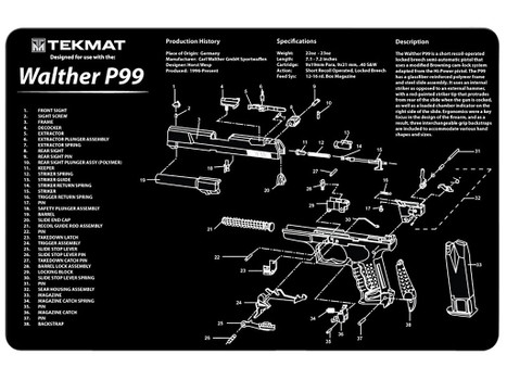 TekMat TEKR17WALP99 Walther P99 Cleaning Mat Black/White Rubber 11"x17" Walther P99 Parts Diagram