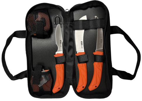 AccuSharp 738C Processing Kit  Fixed ButcherCapingGutting Plain Stainless Steel BladesBlaze Orange NonSlip Grip 6 Piece Includes Nylon Case UPC: 015896007385