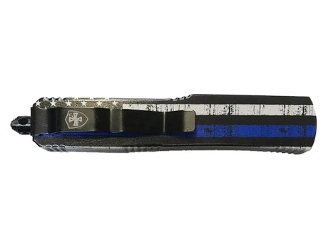 Templar Knife MBTB331 Gen II Back The Blue Slim 3.43" OTF Drop Point Plain Black Oxide Stonewashed 440C SS Blade, 5.05" Black & White w/Blue Line Aluminum Handle, Glass Breaker
