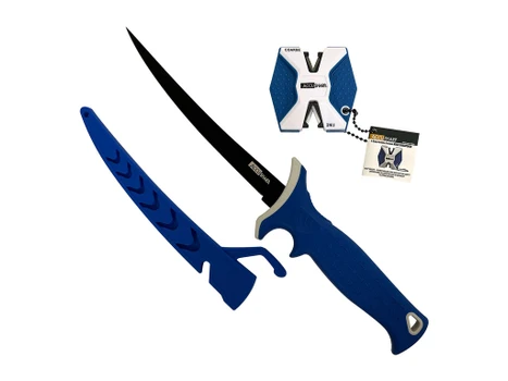 AccuSharp 736C Fillet w/Sharpener 6.50" Fixed Fillet Plain Satin Titanium Coated Stainless Steel Blade/Royal Blue Ergonomic Anti-Slip Rubber Handle Includes 2-Step Sharpener