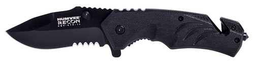 Humvee Adventure Gear HMVKTR15 Tactical Recon  3 Folding Drop Point Part Serrated Black Stainless Steel BladeBlack Textured Features Glass BreakerSeat Belt Cutter Includes Pocket Clip UPC: 810112980424
