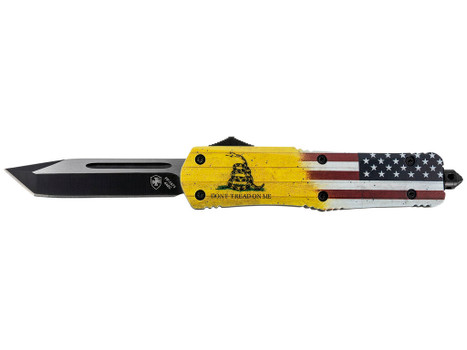 Templar Knife LDTOM231 Gen II Don't Tread On Me Large 3.50" OTF Tanto Plain Black Oxide Stonewashed 440C SS Blade, 5.25" Yellow w/Flag & "Don't Tread On Me" Aluminum Handle, Glass Breaker