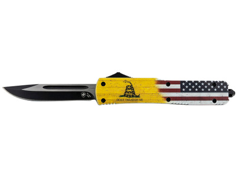 Templar Knife MDTOM331 Gen II Don't Tread On Me Slim 3.50" OTF Drop Point Plain Black Oxide Stonewashed 440C SS Blade, 5.05" Yellow w/Flag & "Don't Tread On Me" Aluminum Handle, Glass Breaker