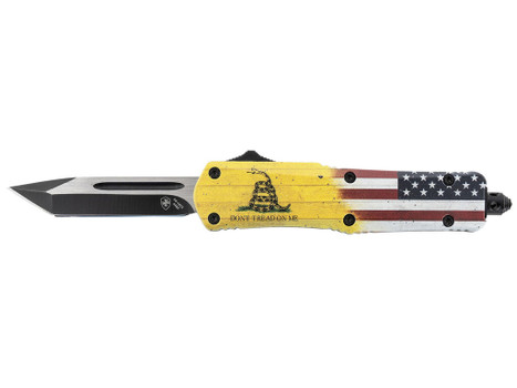 Templar Knife S-DTOM-23-1 Gen II Don't Tread On Me Small 2.69" OTF Plain Black Oxide 440C SS Blade, 4.25" Yellow w/Flag & "Don't Tread On Me" Aluminum Handle, Glass Breaker