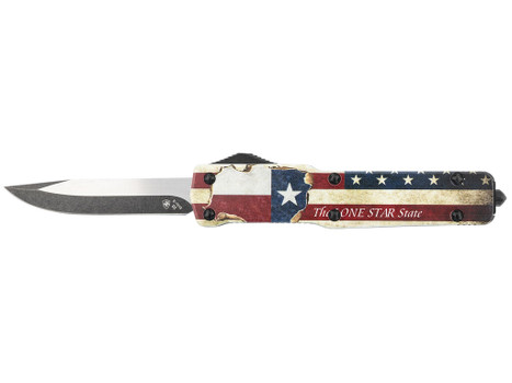 Templar Knife MZTX321 Premium Weighted Texan Slim 3.16" OTF Drop Point Plain Black Oxide Stonewashed D2 Steel Blade, 4.93" Red/White/Blue w/"The LONE STAR State" Aluminum Zinc Alloy Handle
