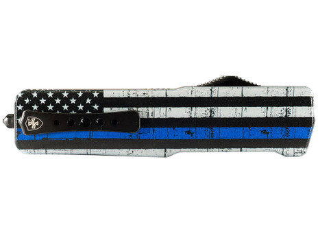 Templar Knife SABTB32 Premium LW We Back You Small 3" OTF Drop Point Plain Black Oxide Stonewashed D2 Steel Blade, 4.50" Black & White w/Blue Line Aluminum Handle
