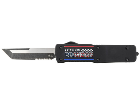Templar Knife LZLGB521 Premium Weighted Let's Go Brandon Large 3.55" OTF Tanto Part Serrated Black Oxide Stonewashed D2 Steel Blade, 5.25" Black "Lets Go Brandon" Aluminum Zinc Alloy Handle