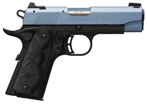 Browning 051898490 1911 Black Label Compact Frame 22 LR 101 3.63 Matte Stainless Steel Barrel Polar Blue Cerakote Serrated Slide Matte Black Polymer Frame wBeavertail Black Laminate Wood Grip UPC: 023614857631