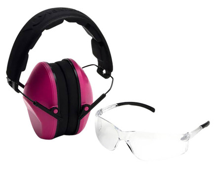 Pyramex VGCOMBO210 LowProfile Combo Kit  Scratch Resistant Clear Lens  Frame with Rubber Temple Tips Pink LowProfile Earmuffs UPC: 810048735587