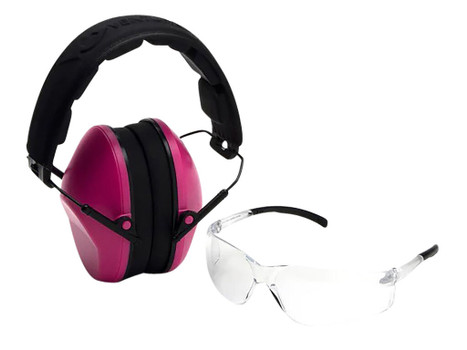 Pyramex VGCOMBO210 Low-Profile Combo Kit Scratch Resistant Clear Lens & Frame with Rubber Temple Tips Pink Low-Profile Earmuffs