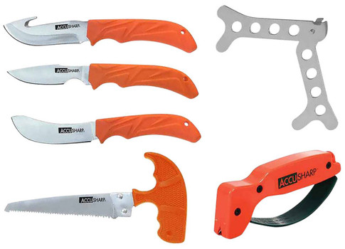 AccuSharp 728C Game Processing Kit ButcherCaperGutHookBone SawRibcage Spreader Gut HookSawPlain Stainless Steel Blade Orange FRN Handle UPC: 015896007286