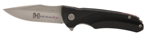 Hornady 99143   Folding Plain Satin w Laser Engraved Logo 420HC SS Blade Black GFN Handle Includes Pocket Clip UPC: 090255991437