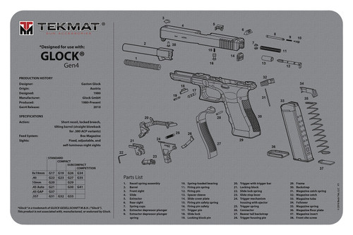 TekMat TEKR20GLOCKG4GY Glock Gen4 Ultra 20 Cleaning Mat Glock Gen4 Parts Diagram 15 x 20 UPC: 612409973320