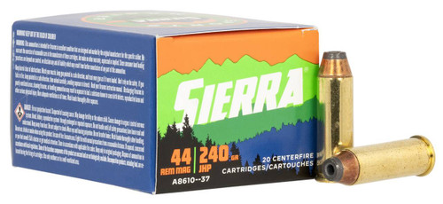 Sierra, .44 Remington Magnum, 240 Grain, Jacketed Hollow Point, Brass Cased, 20 Round Box UPC: 092763600313
