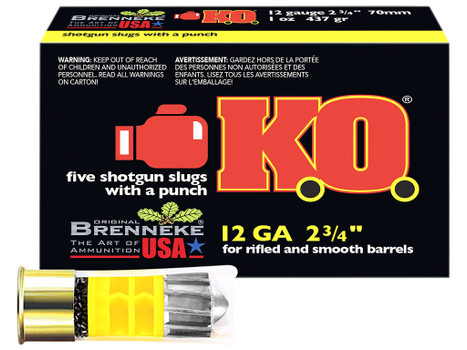 Brenneke SL122KO K.O. 12Gauge 2.75" 1oz Slug Shot 5 Per Box/50 Case