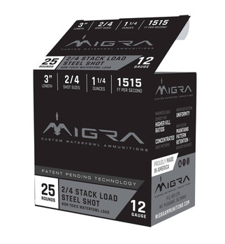 Migra,  12 Gauge, 3", 1 1/4 oz, 2/4 Steel Shot, 250 Round Box UPC: 686162340309