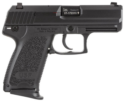 HK 81000329 USP V1 Compact 9mm Luger 131 3.58 Black Polygonal Rifled Barrel Black Serrated Slide Black Polymer Frame Black Polymer Grip Ambidextrous UPC: 642230261525