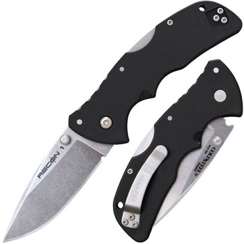 Cold Steel CS27BAS Recon 1 Mini 3 Folding Spear Point Plain Stonewashed AUS10A SS Blade Black Textured GRN Handle UPC: 705442020110