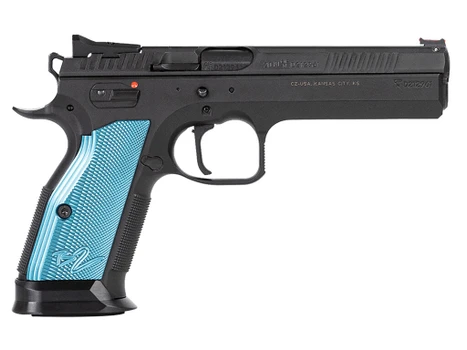 CZ-USA 91222 TS 2 40 S&W 17+1 5.28" Black Steel Barrel, Black Serrated Steel Slide, Black Polycoat Steel Frame w/Beavertail, Blue Checkered Aluminum Grip, Ambidextrous