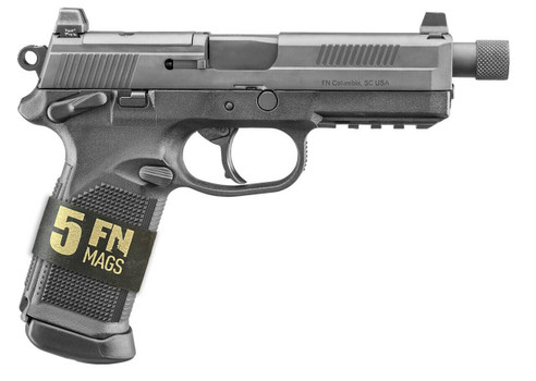 FN 66101633 FNX Tactical Bundle 45 ACP 101 5.30 Black Steel Threaded Barrel Black Serrated Stainless Steel Slide Black Polymer Frame wPicatinny Rail Ambidextrous 5 Magazines UPC: 845737016845