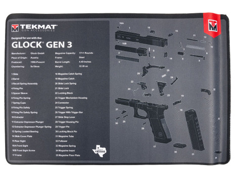 TekMat TEKR17GLOCKG3 Glock Gen 3 Black/White Rubber 11"x17" Glock Gen3 Parts Diagram