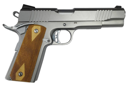 Rock Island 56828 Standard FS Rock Full Size 9mm Luger 101 5 Stainless Button Rifled Steel Barrel Stainless Serrated Slide Matte Stainless Steel Frame wBeavertail Wood Double Checkered Grip UPC: 4806015568285