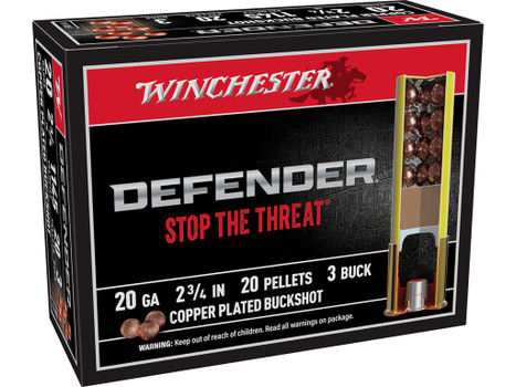 Winchester Ammo SB203PD Defender 20Gauge 2.75" 20Pellets Copper Plated 3Buck Shot 10 Per Box/10 Case