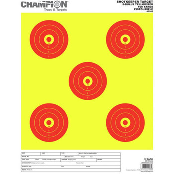 Champion Targets 45563 Shot Keeper 5 Bullseye 100 Yard Pistol/Rifle Targets, Yellow/Red, Large, 12 Pack UPC: 076683455635