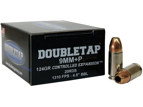 DoubleTap Ammunition 9MM124HP209mm+P Luger 124gr Controlled Expansion JHP 20 Per Box/50 Case
