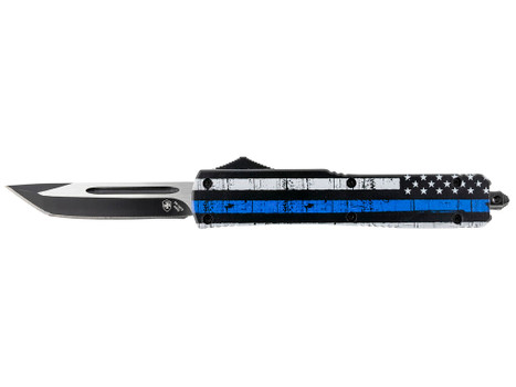 Templar Knife MBTB231 Gen II Back The Blue Slim 3.43" OTF Tanto Plain Black Oxide Stonewashed 440C SS Blade, 5.05" 4.31" Black & White w/Blue Line Aluminum Handle, Glass Breaker