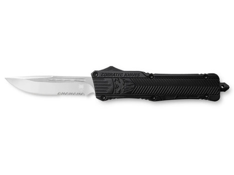 CobraTec Knives LBCTK1LDS CTK-1 Large 3.75" OTF Drop Point Part Serrated D2 Steel Blade/ Black Aluminum Handle Features Glass Breaker Includes Pocket Clip
