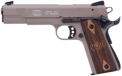 Mauser Rimfire 4110604 1911  22 LR 10+1 5" Black Steel Barrel, Tan Serrated Aluminum Slide, Tan Aluminum Frame w/Beavertail, Walnut Grip, Ambidextrous UPC: 713440971129