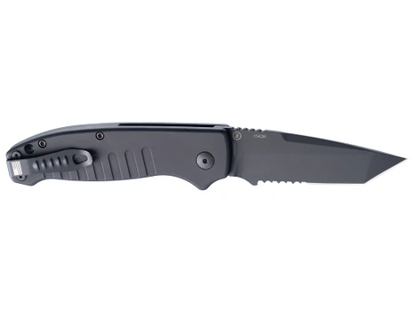 Hogue 64120 Ballista 3.50" Folding Tanto Part Serrated Black Cerakote 154CM SS Blade, Matte Black w/Fluted Texture Aluminum Handle