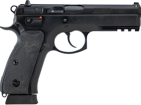 CZ-USA 89352 75 SP-01 Full Size Frame 9mm Luger 19+1 4.60" Black Steel Barrel, Black Steel Serrated Slide, Black Polycoat Steel Frame w/Beavertail & Picatinny Rail, Black Rubber Grip, Right Hand