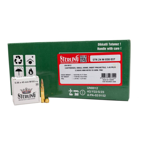 5.56 NATO Ammo - Bulk Sterling M193 Hyper Velocity Non Corrosive Er Primed Ammo X Unit FMJ Bulk Sterling M193 Hyper Velocity Non Corrosive Er Primed X Unit FMJ Ammo
