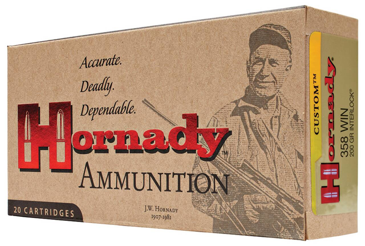 358 Win Ammo - Hornady Custom Hyper Velocity Centerfire Ammo InterLock Spire Point Cartridge Hornady Custom Hyper Velocity Centerfire InterLock Spire Point Cartridge Ammo