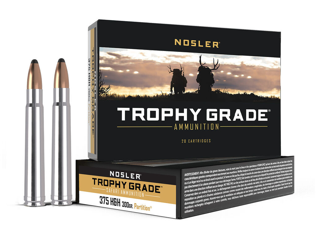 375 H&H Mag Ammo - Nosler Trophy Grade Safari Spitzer Partition Case Nosler Trophy Grade Safari Spitzer Partition Case Ammo