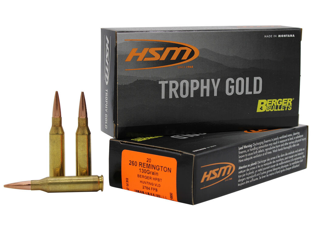 260 Rem Ammo - HSM Trophy Gold Extended Range Berger Hunting VLD Match Case HSM Trophy Gold Extended Range Berger Hunting VLD Match Case Ammo