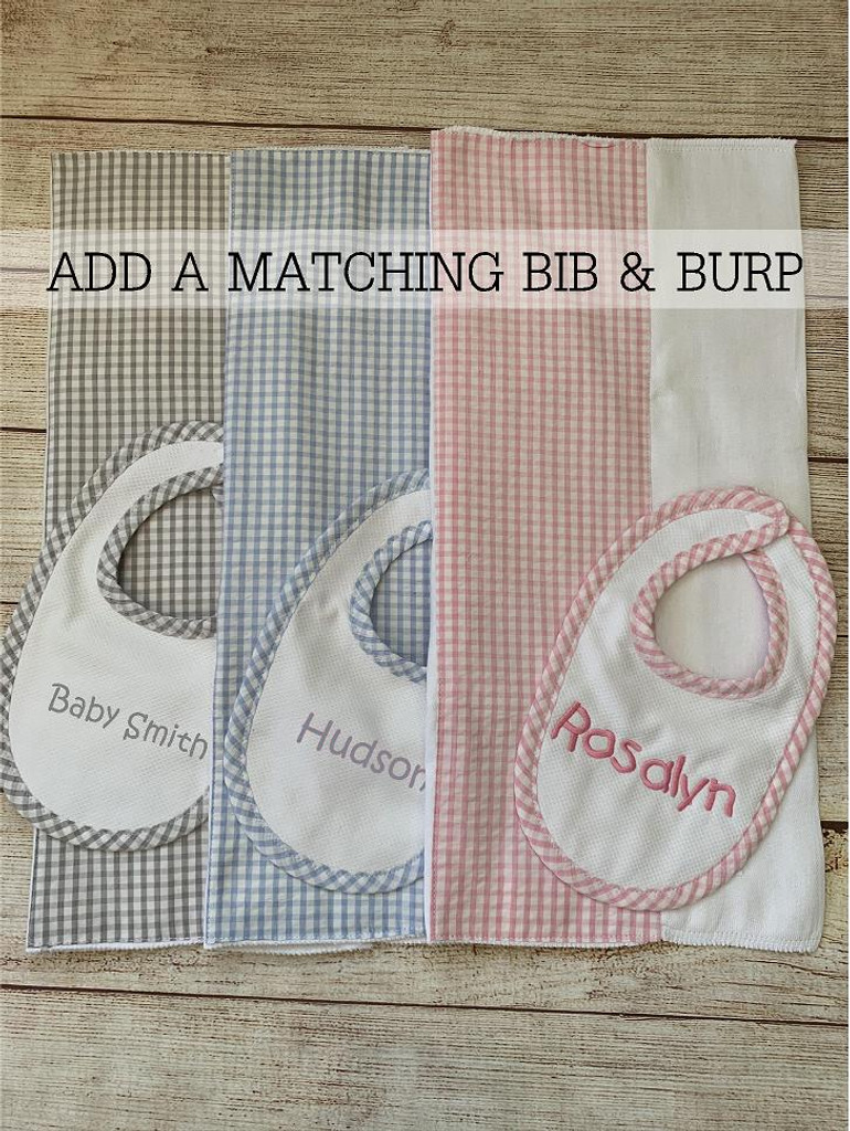 A coordinated Bib and Burp Set makes a great addition to the gift!   All items expertly embroidered by Wicked Stitches Gifts.