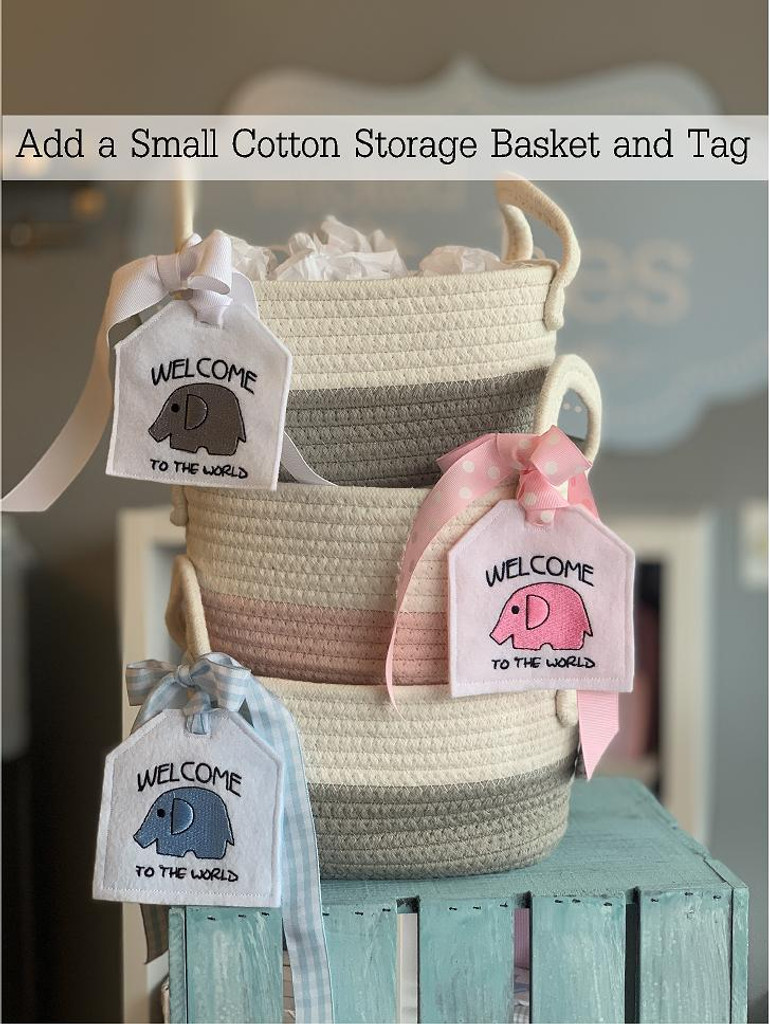 Cotton storage baskets (8.5x4.7x6) make the perfect gift wrap!
Perfect to use in the nursery.