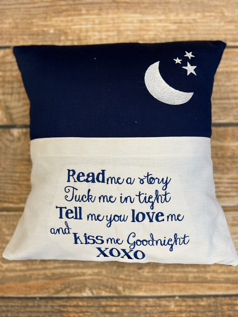 Navy Stars Read To Me Pocket pillow