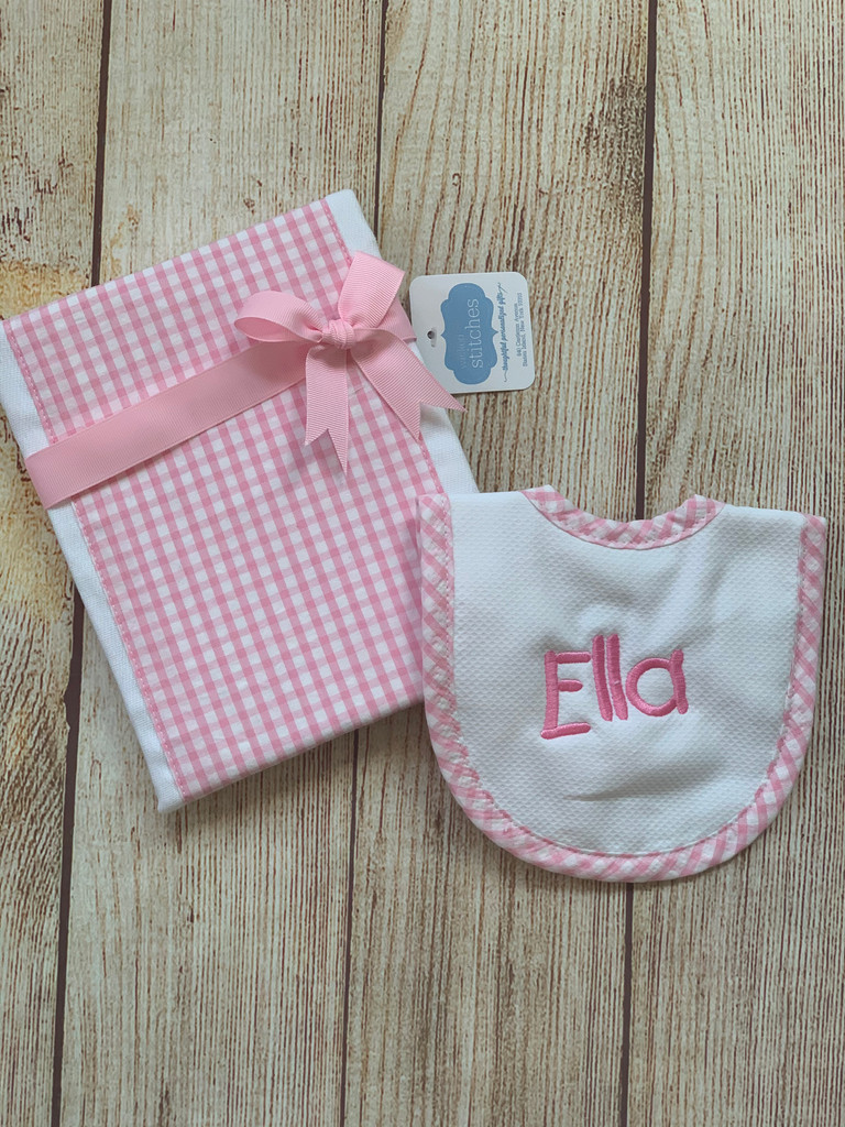 Great new baby gift, it comes wrapped up in clear cellophane or consider upgrading your wrap.  Newborn Feeder Bib and Burp Cloth set by Wicked Stitches Gifts