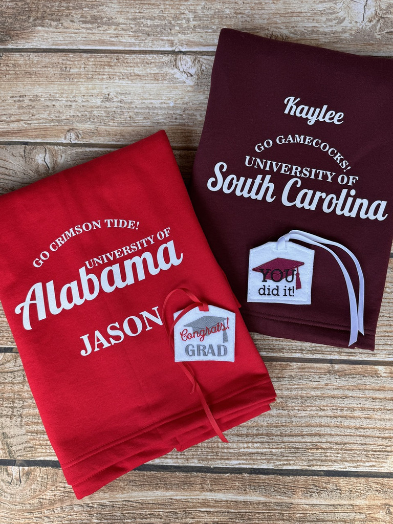 You tell us the college and we'll do the rest. We match the blanket to the school colors!